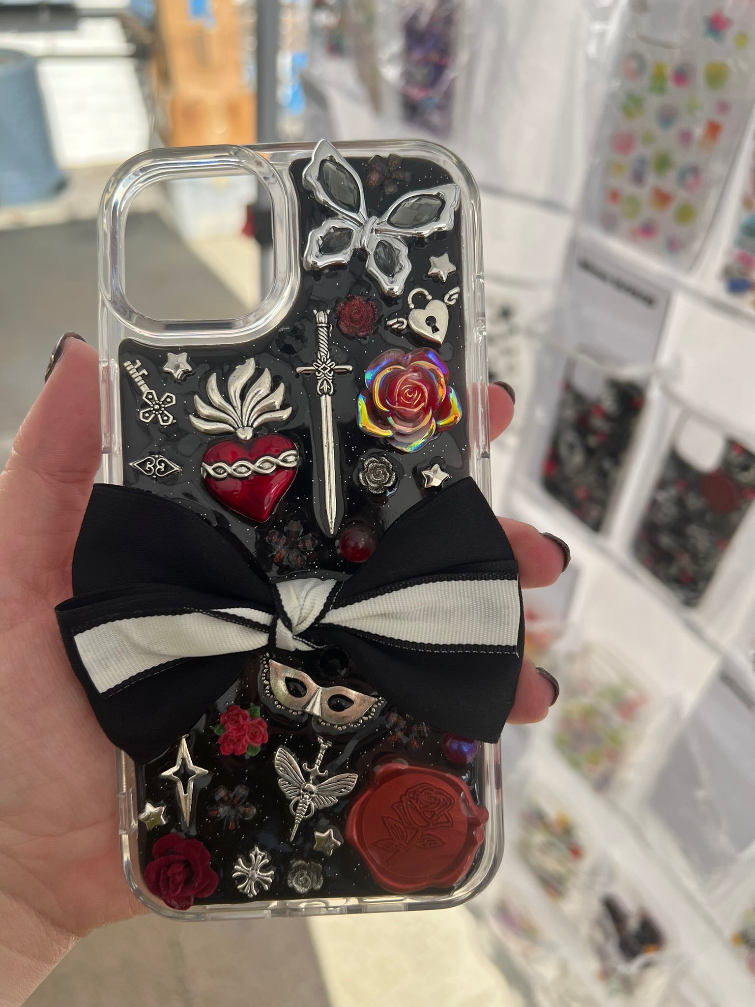 Handmade Gothic Phone Case | Black Rose & Butterfly, 3D Resin