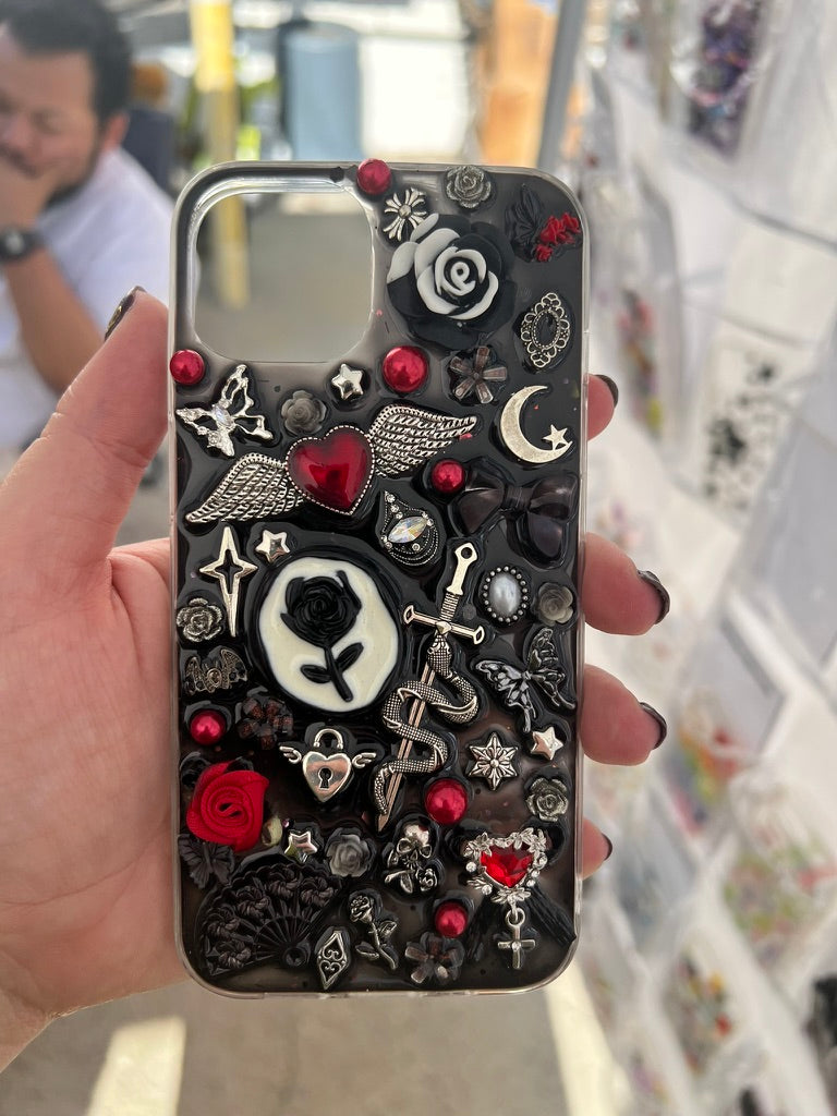 Handmade Gothic Phone Case | Black Rose & Butterfly, 3D Resin