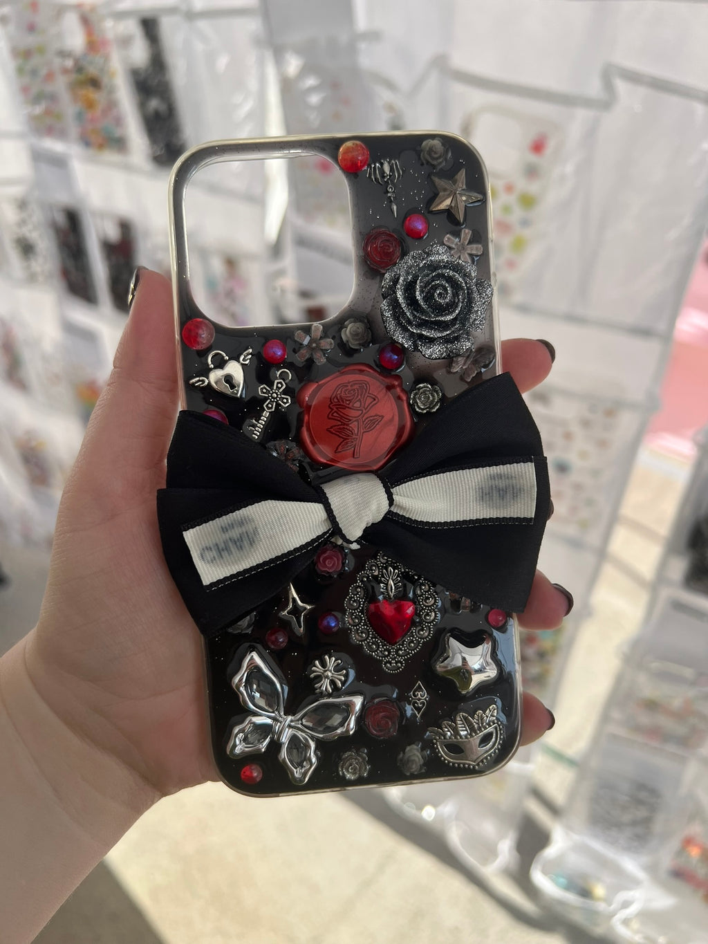 Handmade Gothic Phone Case | Black Rose & Butterfly, 3D Resin