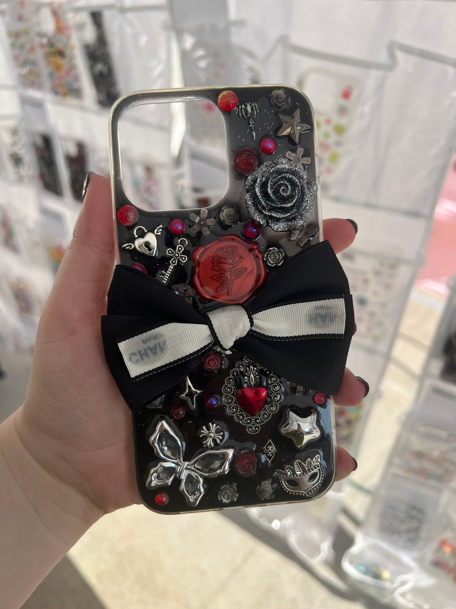 Handmade Gothic Phone Case | Black Rose & Butterfly, 3D Resin