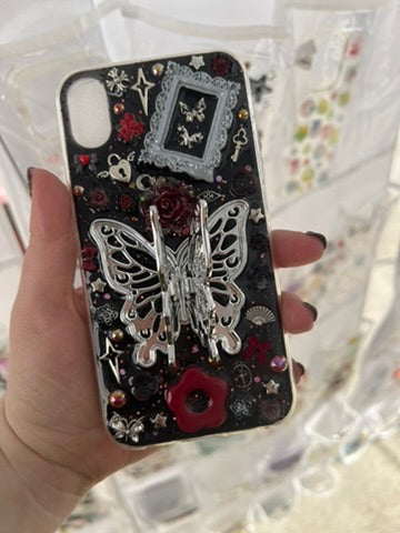 Handmade Gothic Phone Case | Black Rose & Butterfly, 3D Resin