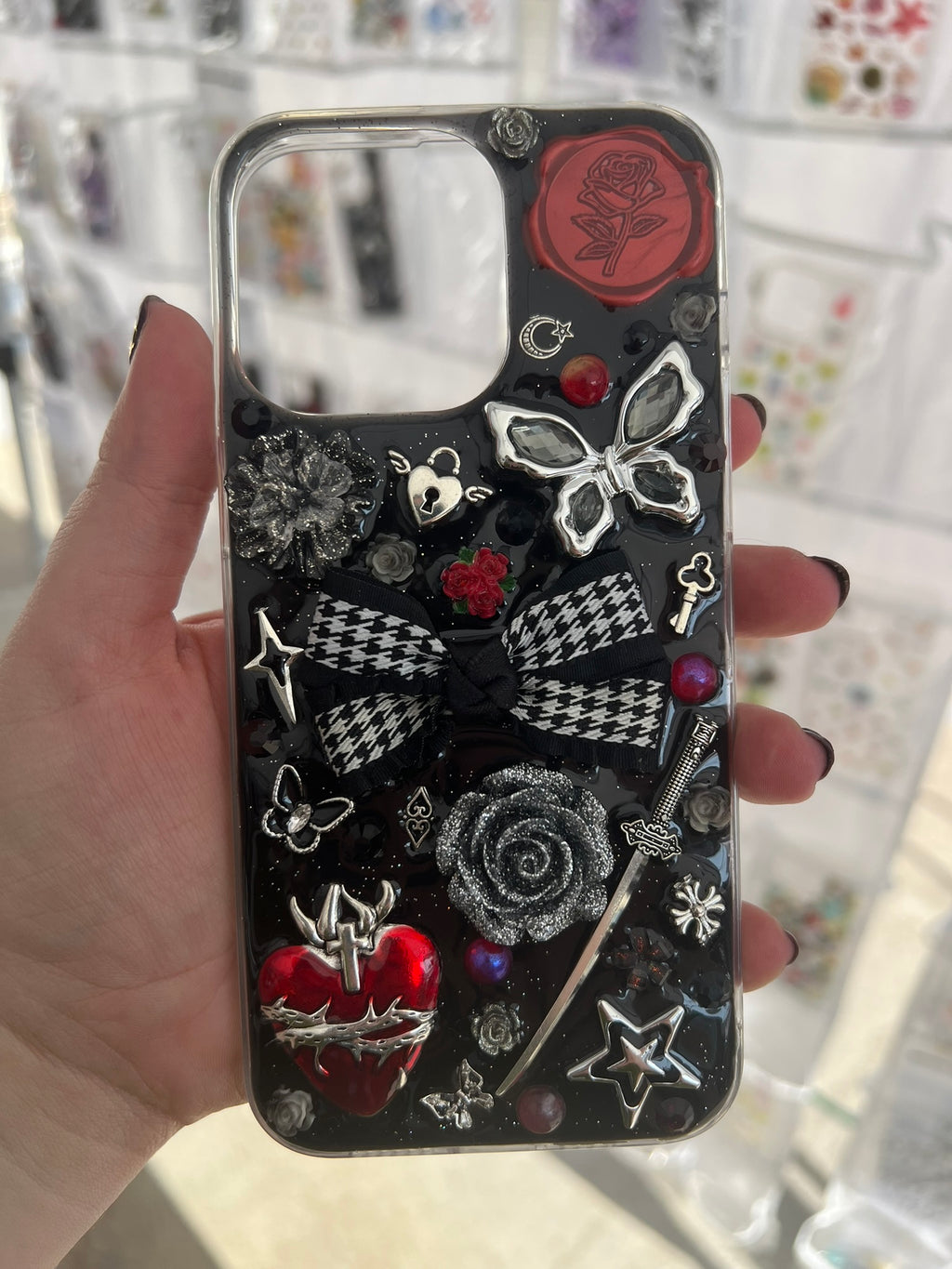 Handmade Gothic Phone Case | Black Rose & Butterfly, 3D Resin