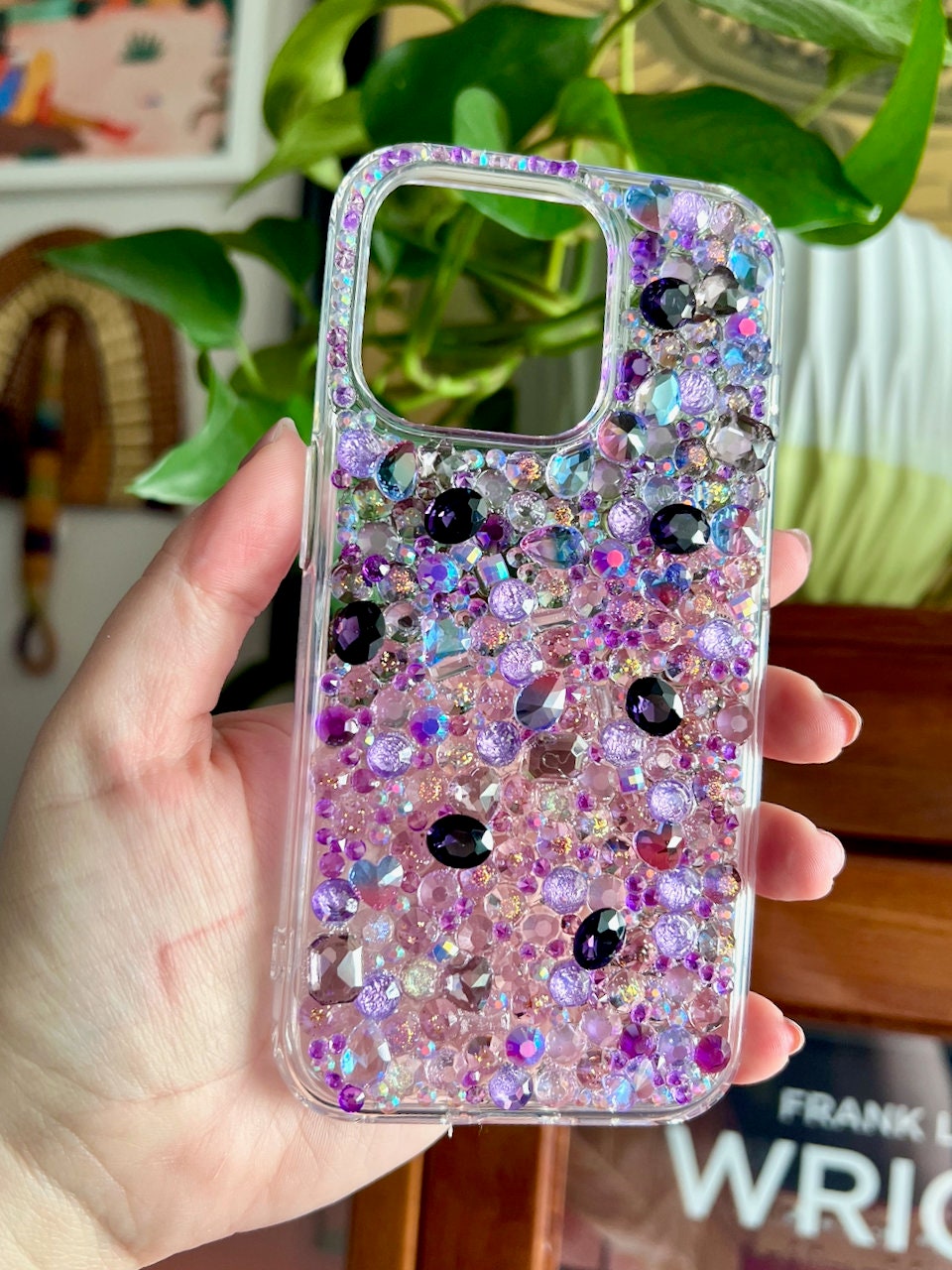 Handmade Purple Rhinestone iPhone 15 Pro Case: Crystal Charm Design