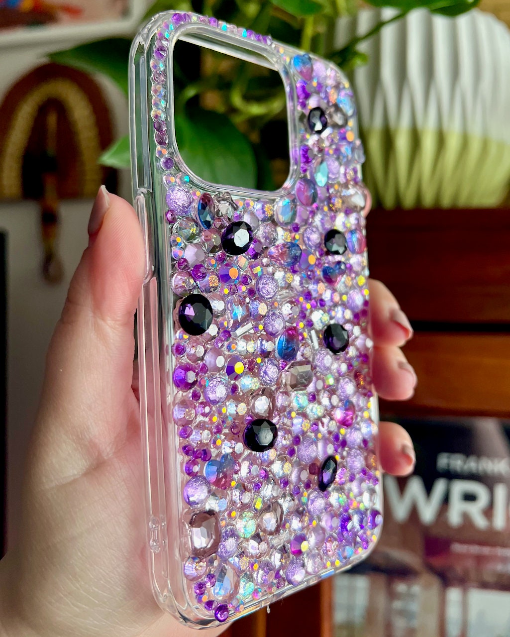 Handmade Purple Rhinestone iPhone 15 Pro Case: Crystal Charm Design
