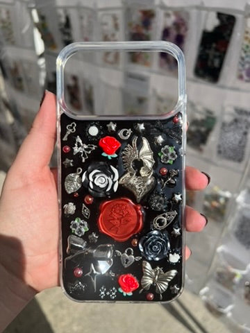 Handmade Gothic Phone Case | Black Rose & Butterfly, 3D Resin