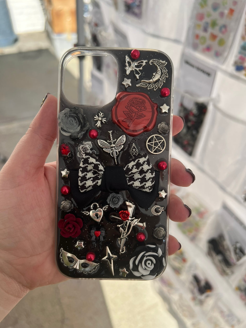 Handmade Gothic Phone Case | Black Rose & Butterfly, 3D Resin