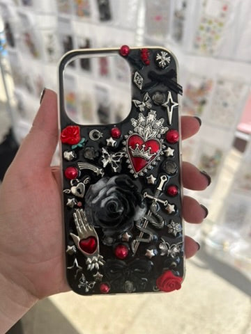 Handmade Gothic Phone Case | Black Rose & Butterfly, 3D Resin