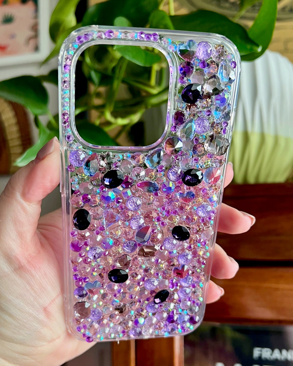 Handmade Purple Rhinestone iPhone 15 Pro Case: Crystal Charm Design