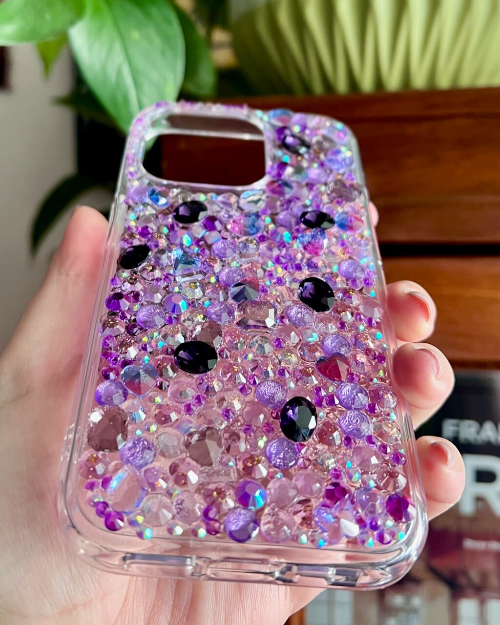 Handmade Purple Rhinestone iPhone 15 Pro Case: Crystal Charm Design