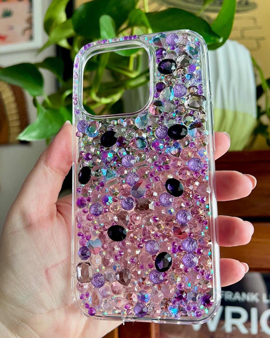 Handmade Purple Rhinestone iPhone 15 Pro Case: Crystal Charm Design