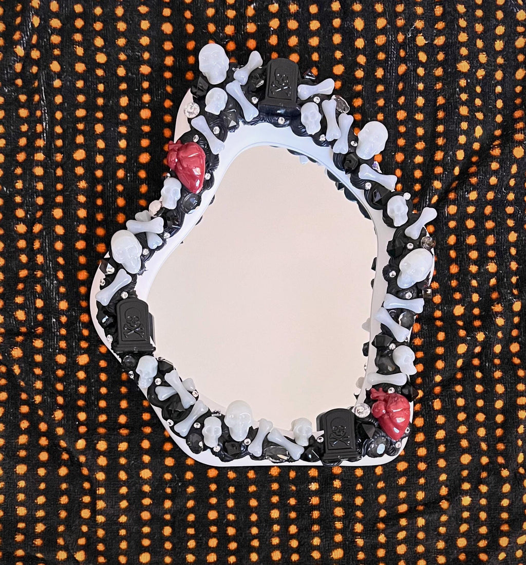 Haunted Graveyard Gothic Mirror / Skeletons, Hearts, Gravestones, Rhinestones, Black Decoden Cream