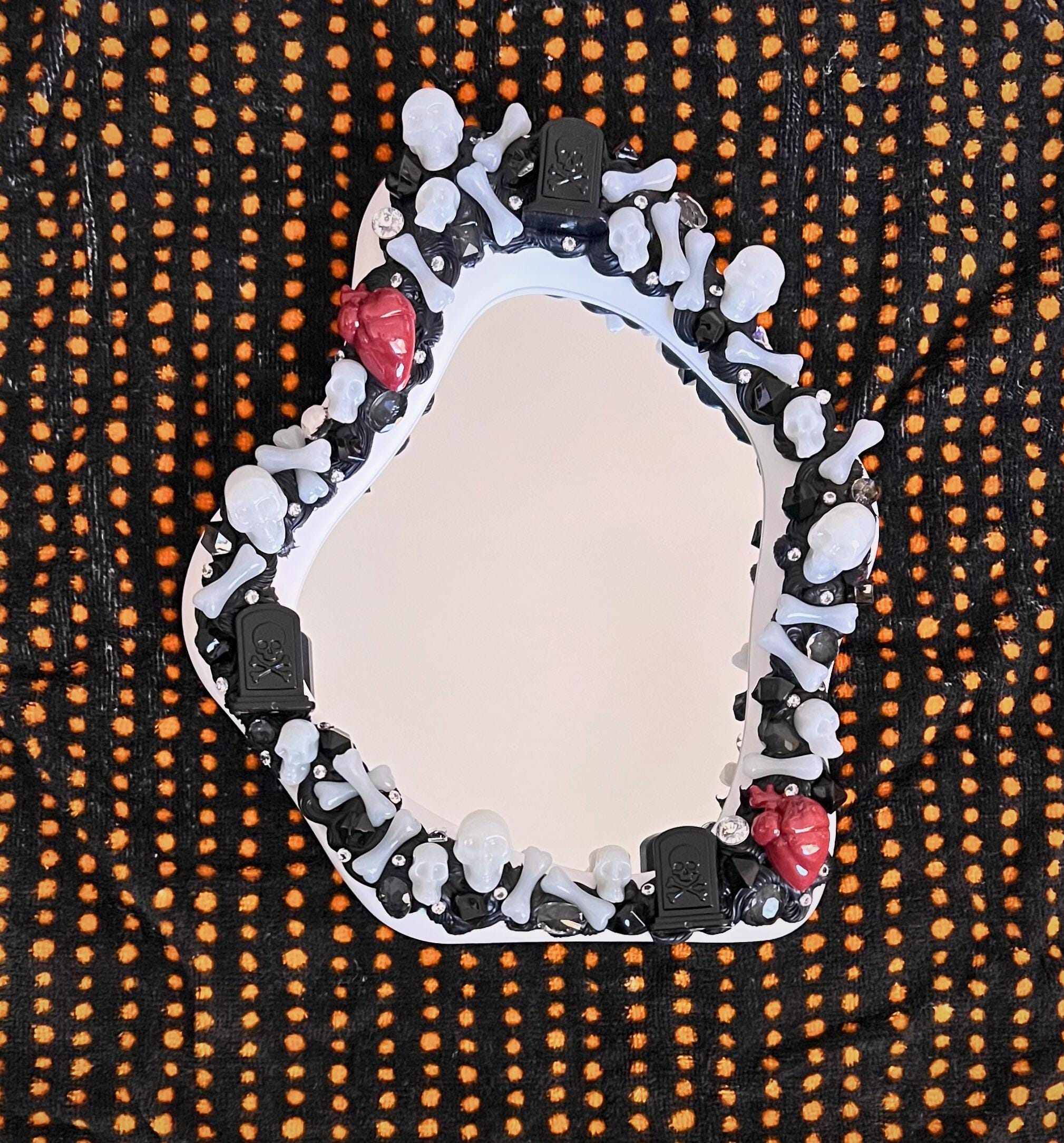 Haunted Graveyard Gothic Mirror / Skeletons, Hearts, Gravestones, Rhinestones, Black Decoden Cream