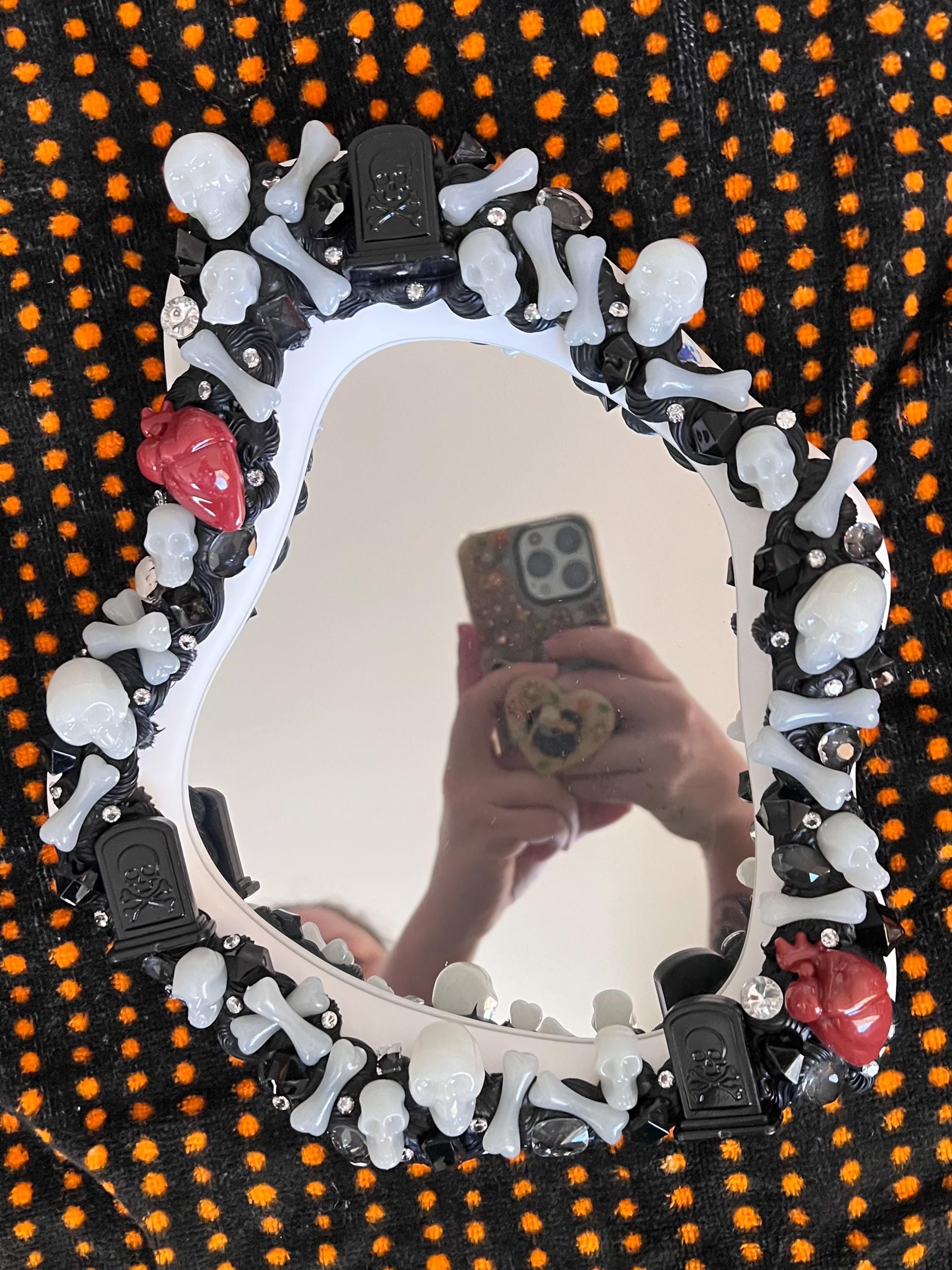 Haunted Graveyard Gothic Mirror / Skeletons, Hearts, Gravestones, Rhinestones, Black Decoden Cream