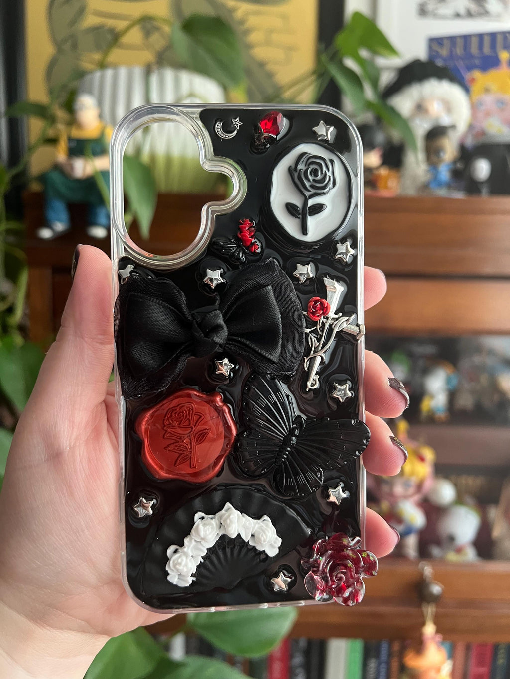 Handmade Gothic Phone Case | Black Rose & Butterfly, 3D Resin