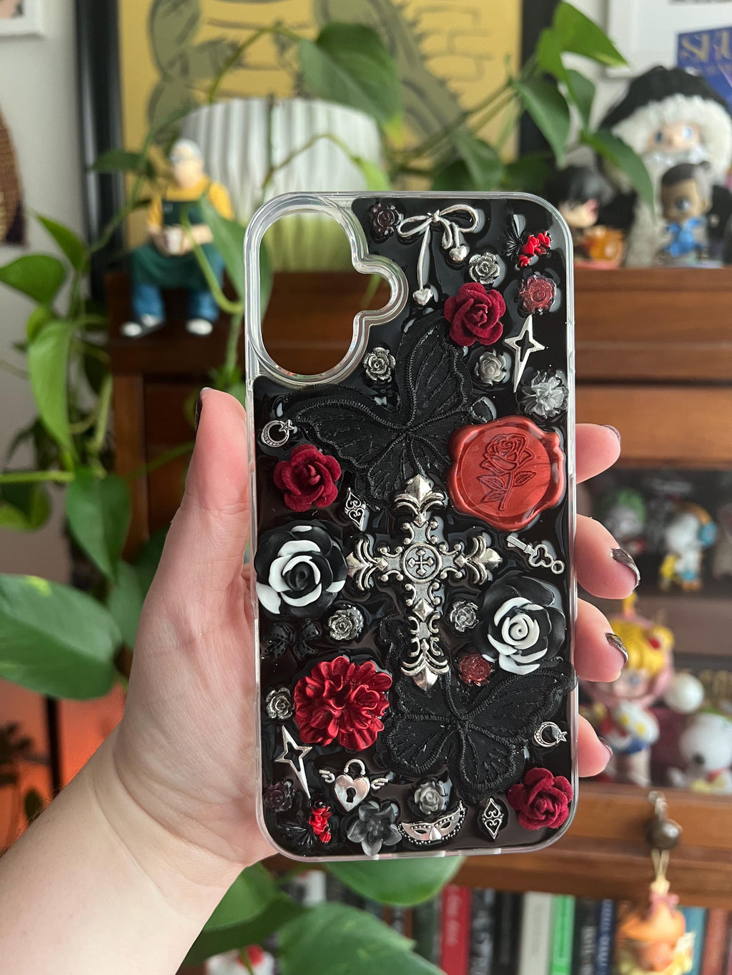 Handmade Gothic Phone Case | Black Rose & Butterfly, 3D Resin
