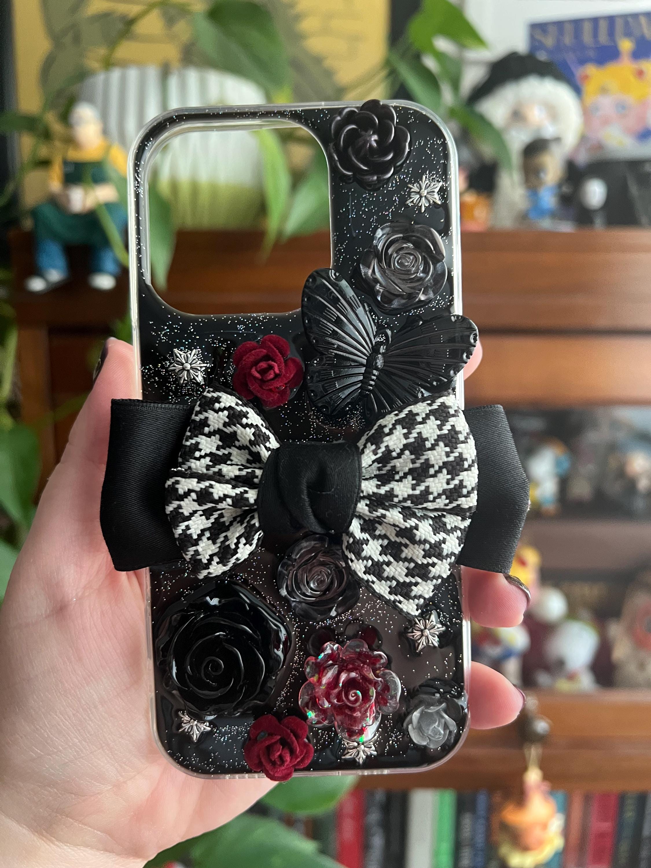 Handmade Gothic Phone Case | Black Rose & Butterfly, 3D Resin