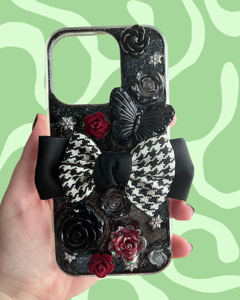 Handmade Gothic Phone Case | Black Rose & Butterfly, 3D Resin